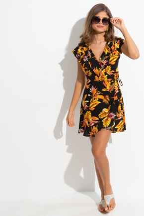 Woven EcoVero™ Frill Wrap Dress - Black/Gold