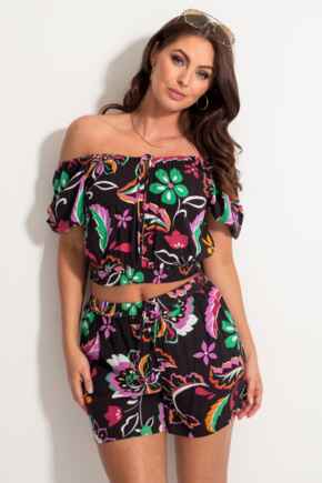 Crinkle Viscose Tie Front Beach Shorts - Black/Multi