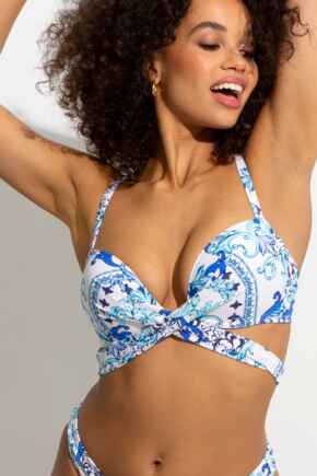 Amalfi Front Fastening Wrap Around Padded Underwired Top - White/Blue