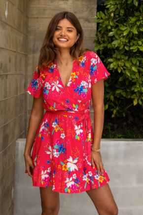 Woven EcoVero™ Tiered Wrap Dress - Red Tropical