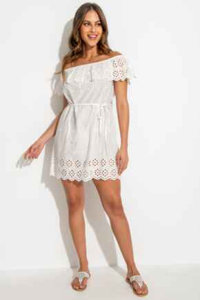 Cotton Broderie Bardot Mini Beach Dress - White
