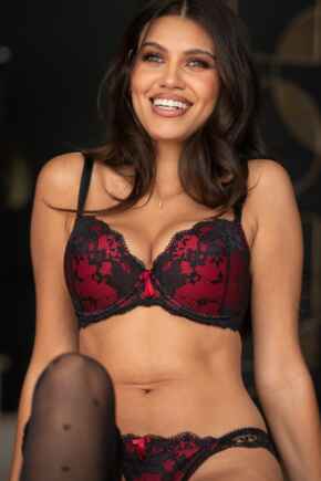 Amour Padded Balconette Push Up Bra - Black/Scarlet