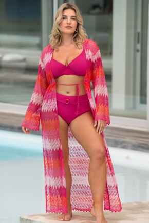 Colour Block Crochet Co-ord Maxi Beach Kimono - Red/Pink