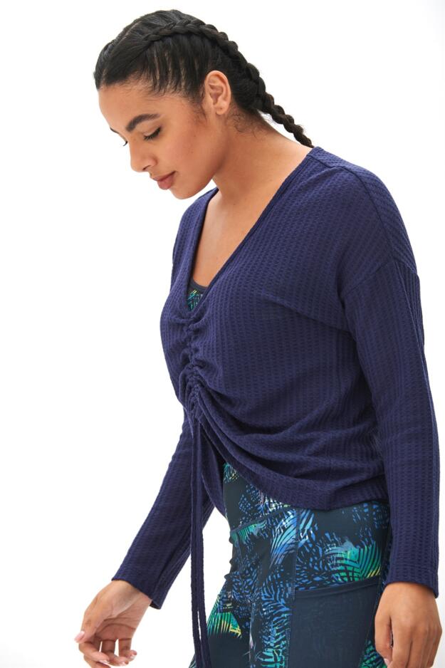 Waffle Knit Ruche Front Long Sleeve Top 