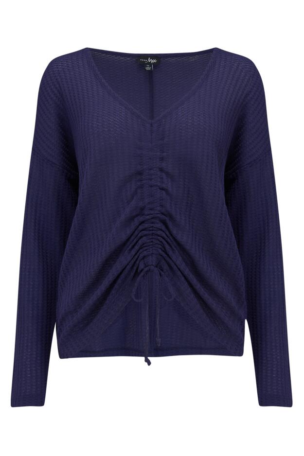 Waffle Knit Ruche Front Long Sleeve Top 