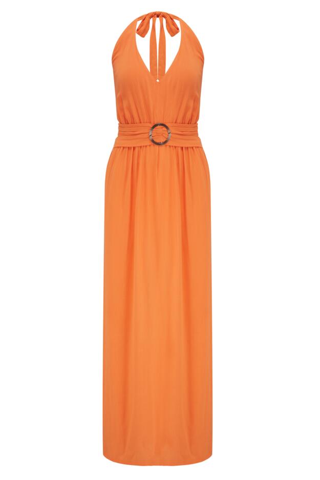Halter Neck Gold Buckle Maxi Dress