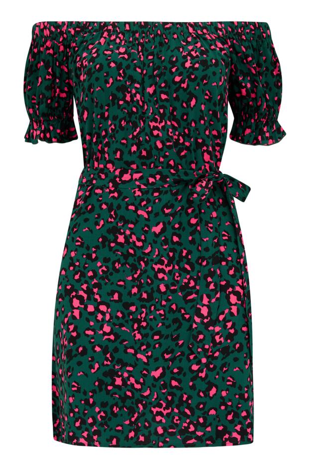 Woven Puff Sleeve Belted Bardot Dress