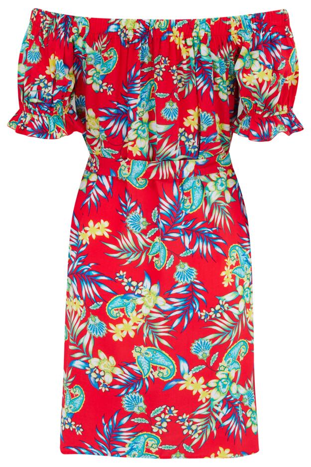 Woven Puff Sleeve Belted Bardot Dress