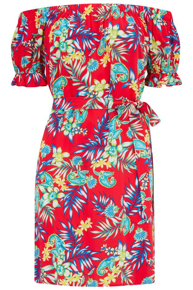 Woven Puff Sleeve Belted Bardot Dress