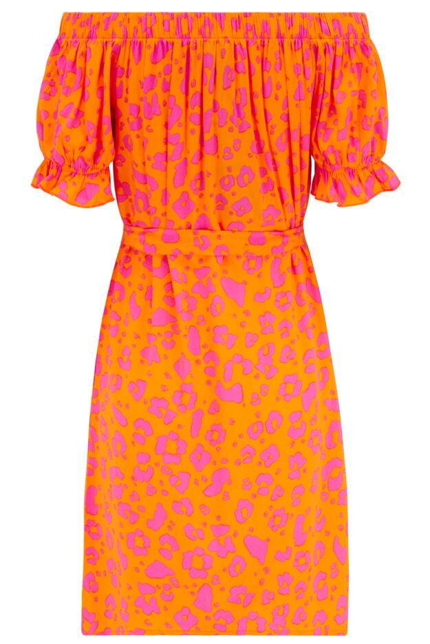 Woven Puff Sleeve Belted Bardot Dress