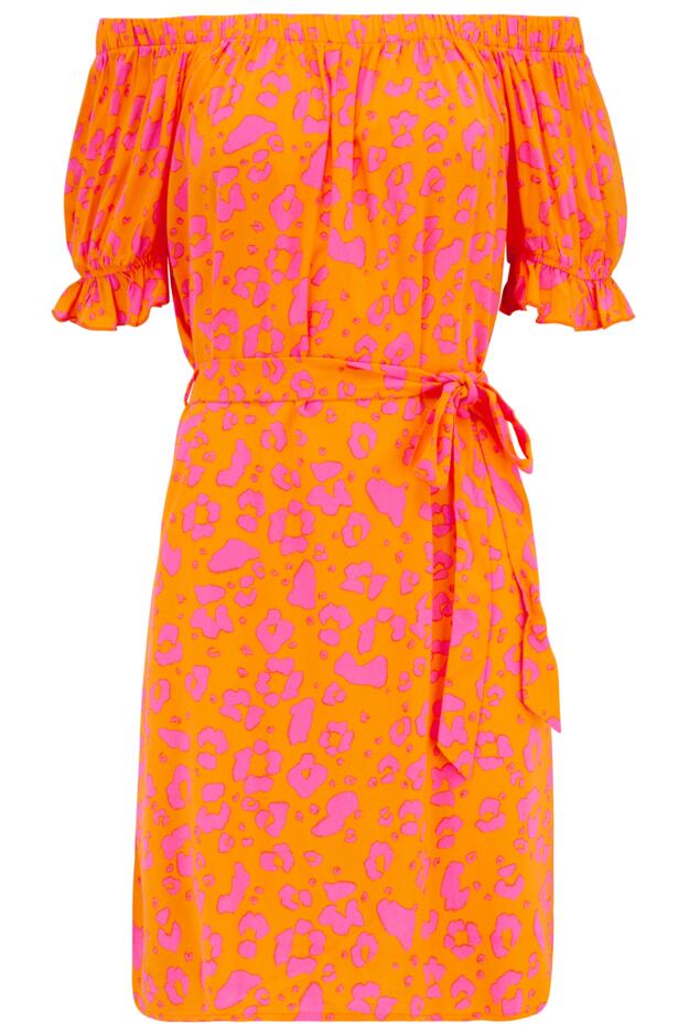 Woven Puff Sleeve Belted Bardot Dress