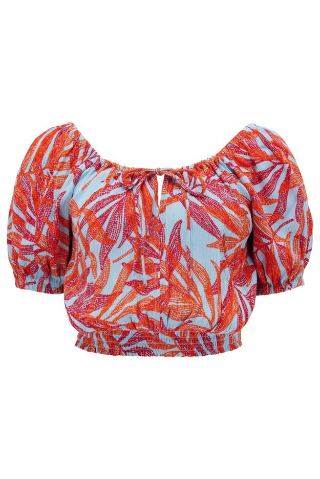 Crinkle Viscose Bardot Smock Tie Top