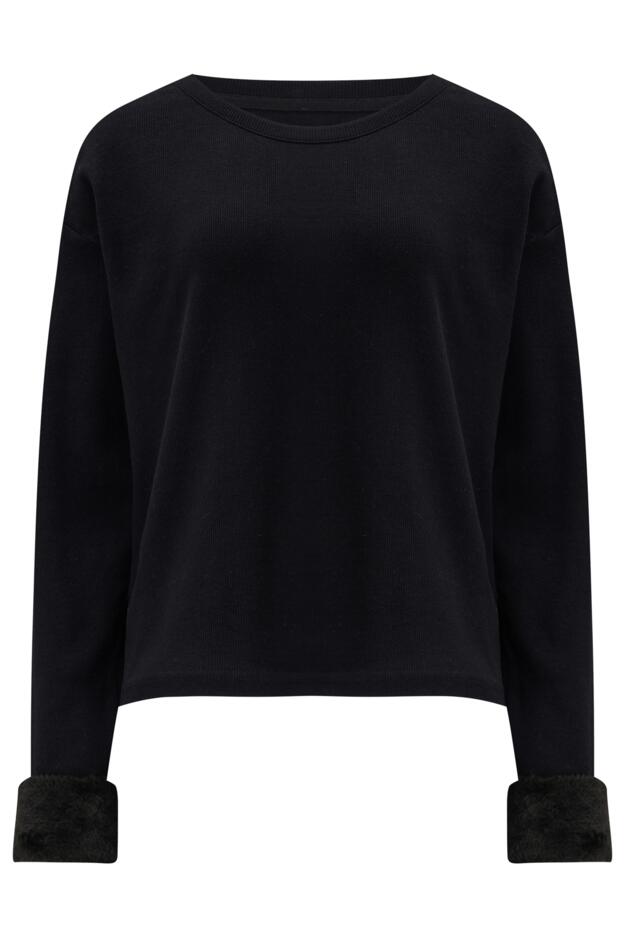Faux Fur Trim Rib Jersey Loungewear Set