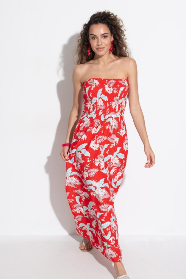Strapless Shirred Bodice Maxi Beach Dress