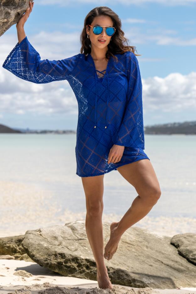 Crochet Lace Long Sleeve Beach Cover Up